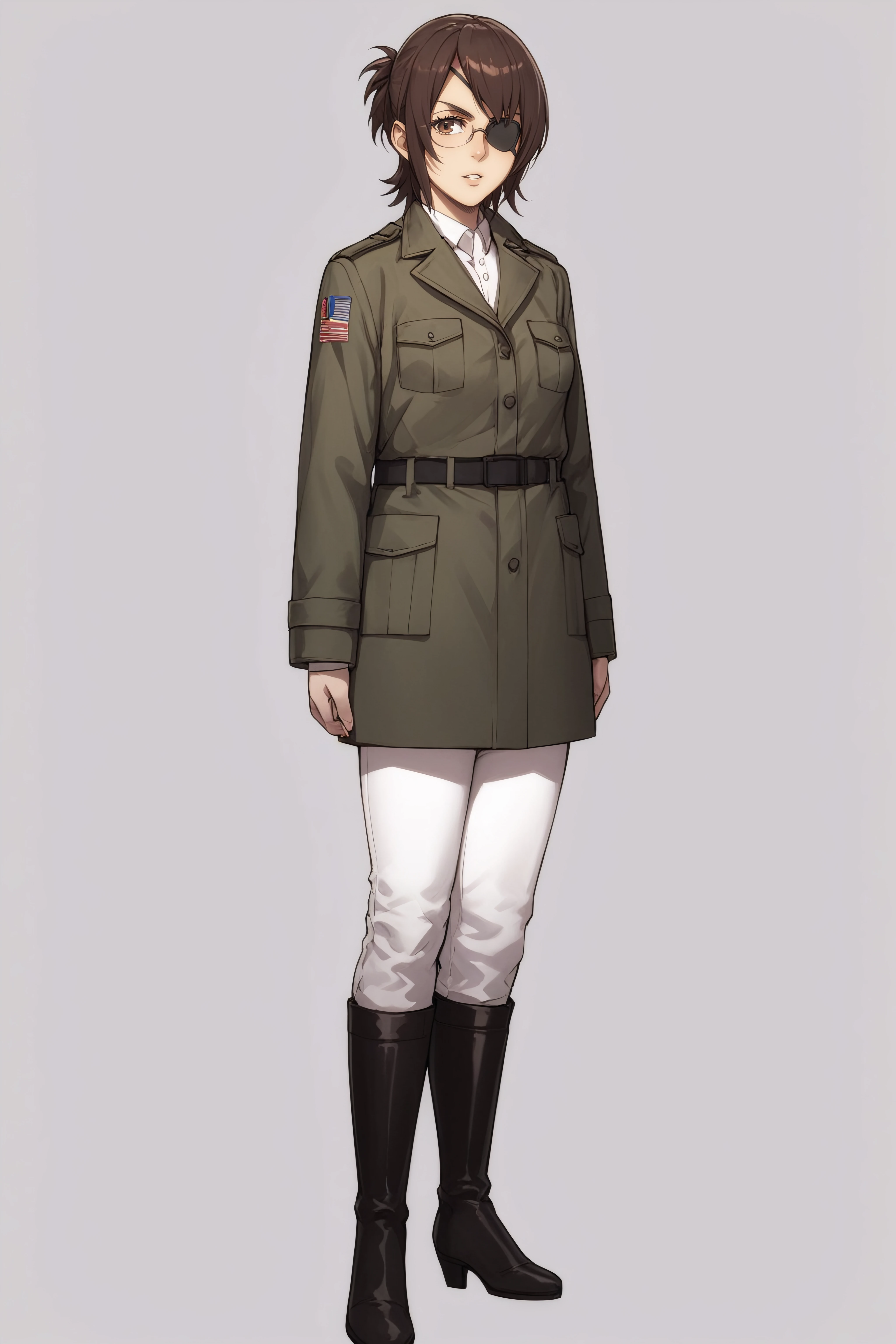 score_9, score_8_up, score_7_up, BREAK source_anime, <lora:hange zoë-PonyXL-lora-Faxtron:0.8> hange, glasses, brown eyes, dark brown hair, medium breasts, eye patch, military overcoat, survey corps \(emblem\), white shirt, white pants, knee boots, standing,