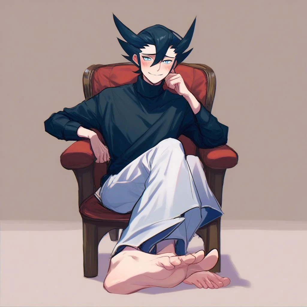 score_9,score_8_up,score_7_up,score_6_up,score_5_up,score_4_up, solo, 1boy, male focus, black hair, blue eyes, hair between eyes, sitting, chair, barefoot, toe, sole, ankle, smile, blush, black shirt, turtleneck, grey cardigan, white pants