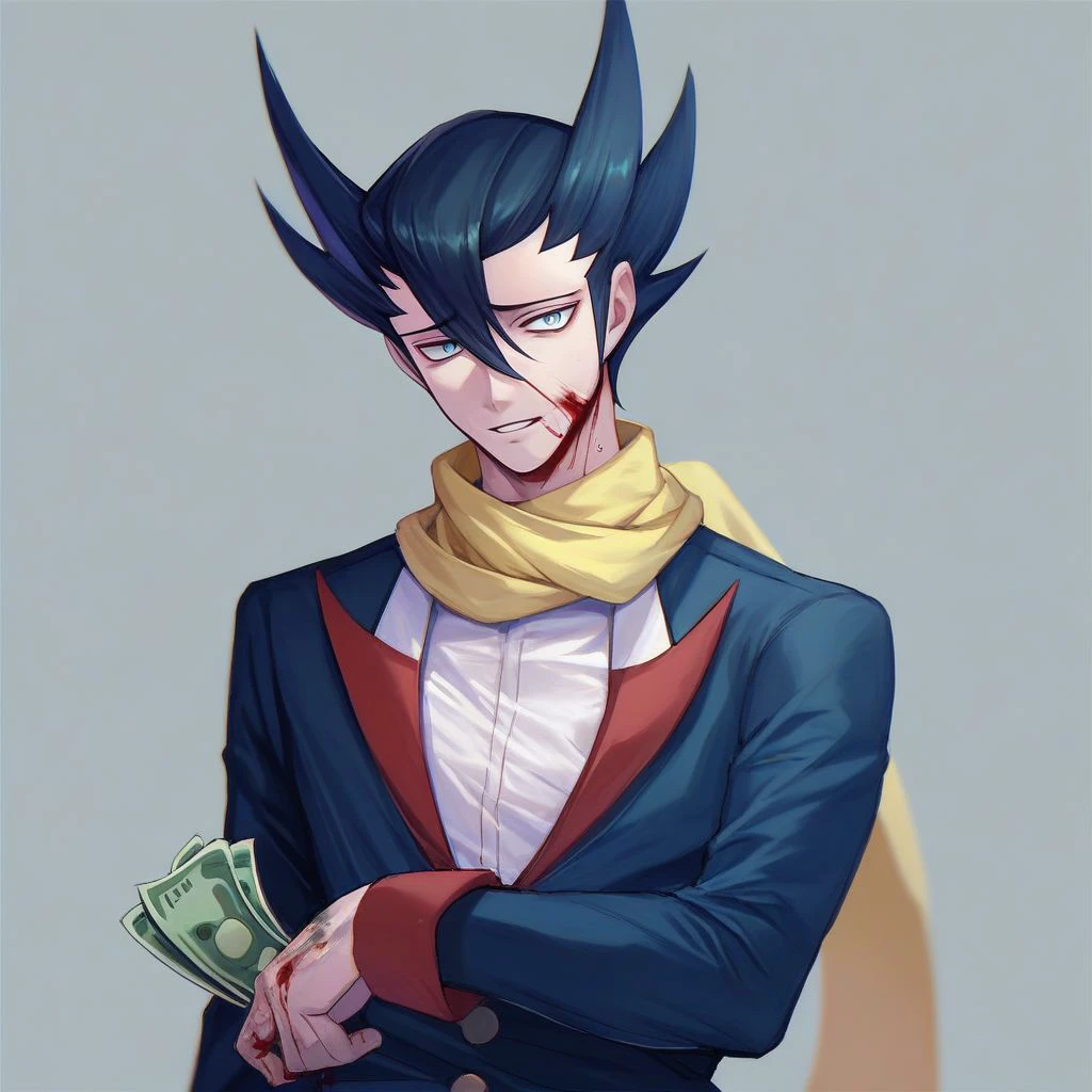 score_9,score_8_up,score_7_up,score_6_up,score_5_up,score_4_up, solo, 1boy, male focus, black hair, blue eyes, hair between eyes, GrimsleyBW, formal, black jacket, white shirt, yellow scarf, blood, parted lips, money, holding,