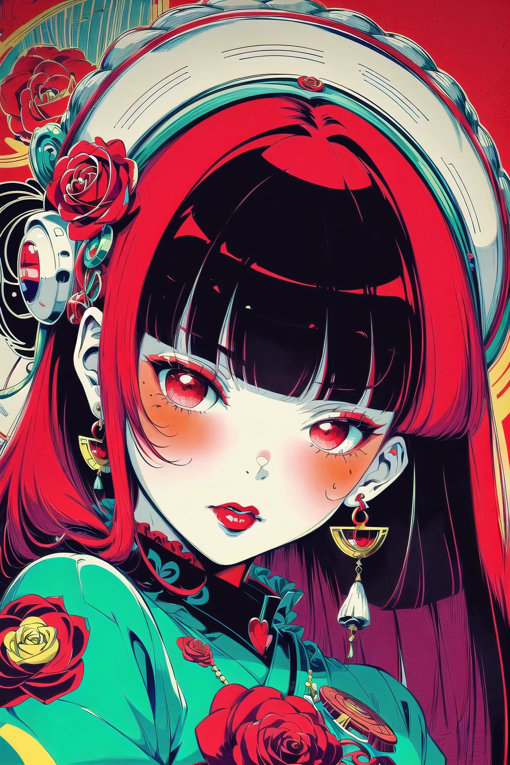 (Masterpiece), (highres), 8k, manga, digital illustration, 2d, retro artstyle, monochrome, partially colored,(ultra-detailed portrait of a woman,solo, shaded face, red rose, red theme, confident, jewelry, colorful, frill trim, extremely detailed, detailed face, lipstick, straight hair, bangs,stylish, expressive, blush, looking to the side, head tilt, cowboy shot, fully clothed, (8k resolution),post00d,Hajime_Saitou,,quju,Oiran,sugar_rune,sweetscape,hirom1tsu<lora:EMS-269853-EMS:0.000000>, <lora:EMS-352161-EMS:1.300000>, <lora:EMS-91280-EMS:0.400000>