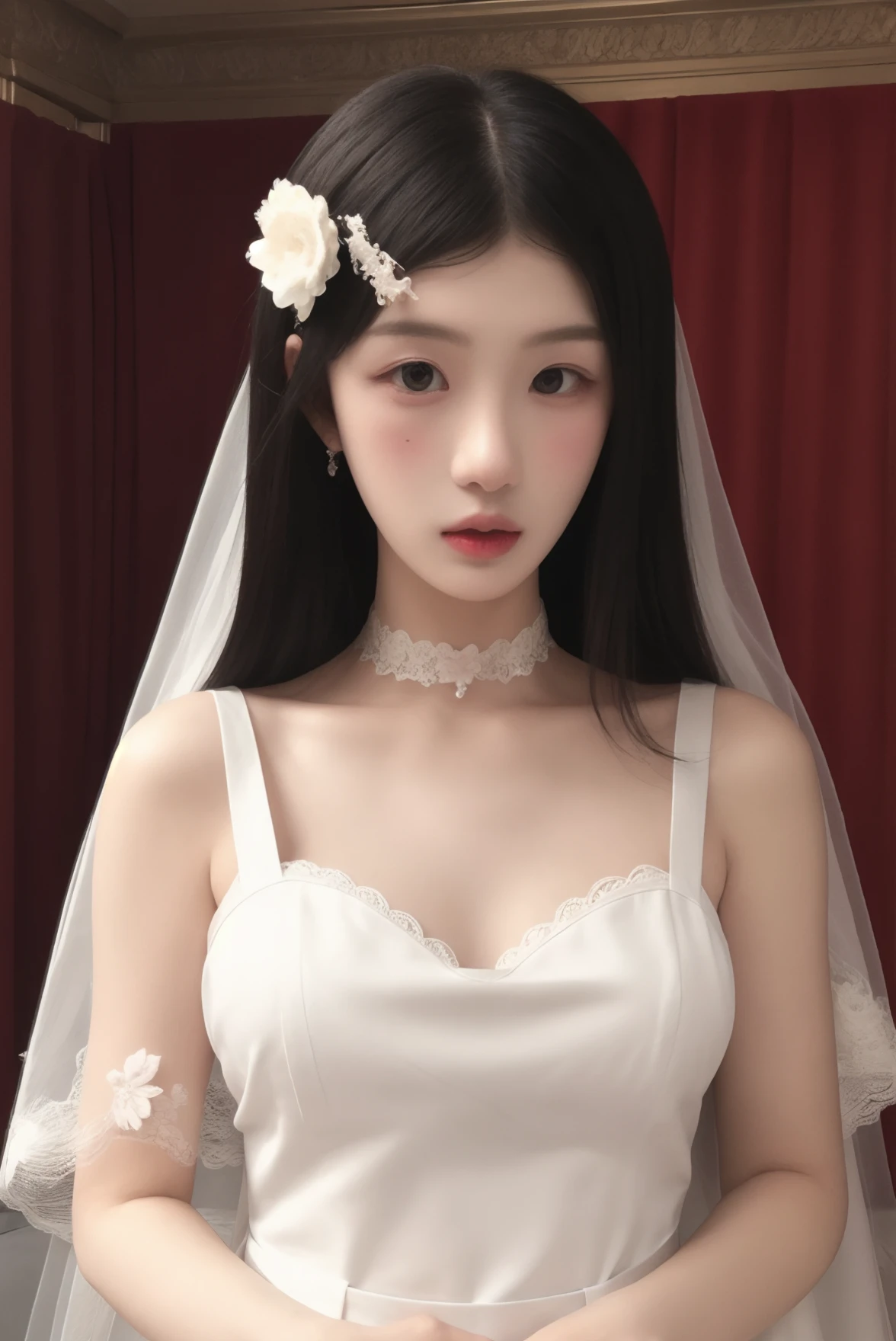 masterpiece, high quality,1girl, upper body, wedding dress, bridal veil, waist apron, pale skin, shiny skin, lace trim, choker, standing, blush,hairclip
<lora:koiett_v1:0.5> <lora:ip-adapter-faceid-plusv2_sd15_lora:0.6>