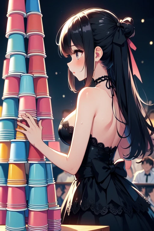 (((masterpiece))), (((best quality))), (((from behind))), (((cup stacking))), hands up, holding, table, bare shoulder, strapless, necklace, black lace dress, floating hair, hair ornament, ribbon, choker, sweat, parted lips, venue, night, countless crowd, cinematic light, solo, 1girl, black hair, updo, ribbon, cleavage, big tits, sweat, shy, blush, slim figure, <lora:girllikecupstacking:0.8>