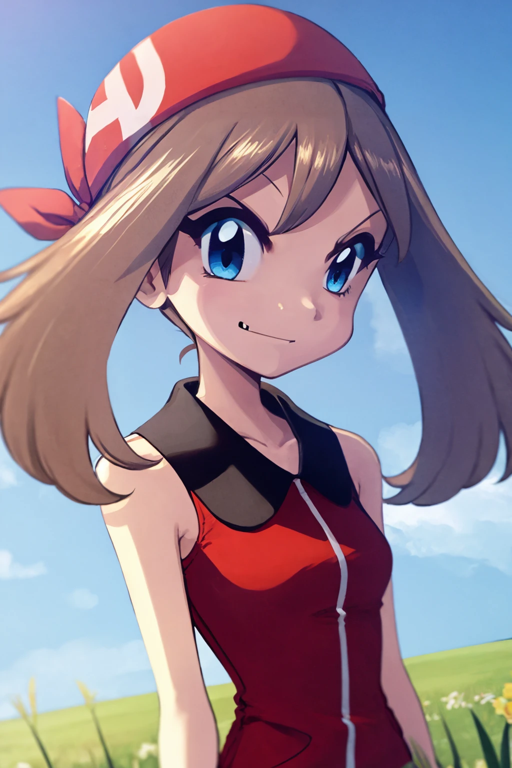 masterpiece, best quality,
1girl, may \(pokemon\), brown hair, blue eyes, fang,
red bandana, red collared shirt, 
upper body, smile, solo, looking at viewer, blue sky, grass, meadow background  <lora:Sapphire:0.8> <lora:PokemonAdventuresStyleV2:1>