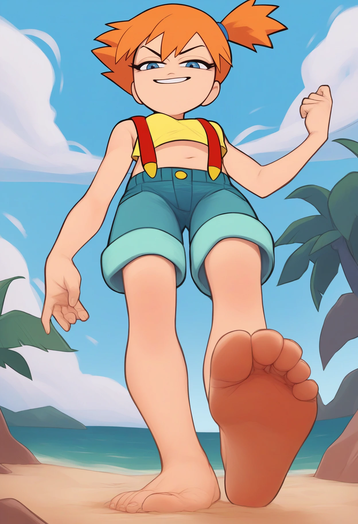 score_9, score_8_up, score_7_up, score_6_up, score_5_up, score_4_up, BREAK gummo, misty \(pokemon\), orange hair, wearing a yellow crop top and a short shorts, thong, suspenders, challenging the viewer, smirk, 
barefoot, foot focus, foreshortening, toes, solo,
BREAK, sand, sea, blue sky, tropical island background    <lora:FoooolyXLLocon:1>