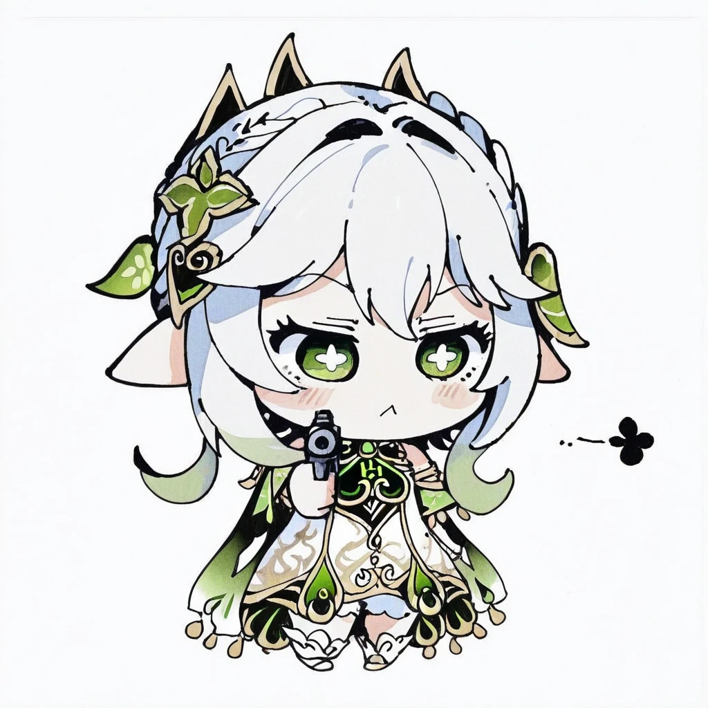 <lora:pen-drawing_A3.1_XL:1>,(pen_art_style, pen_drawing_style),(masterpiece,best quality),chibi,1girl,solo,nahida \(genshin impact\),:<,holding handgun,simple background, white background, squinting, aiming, full body,,