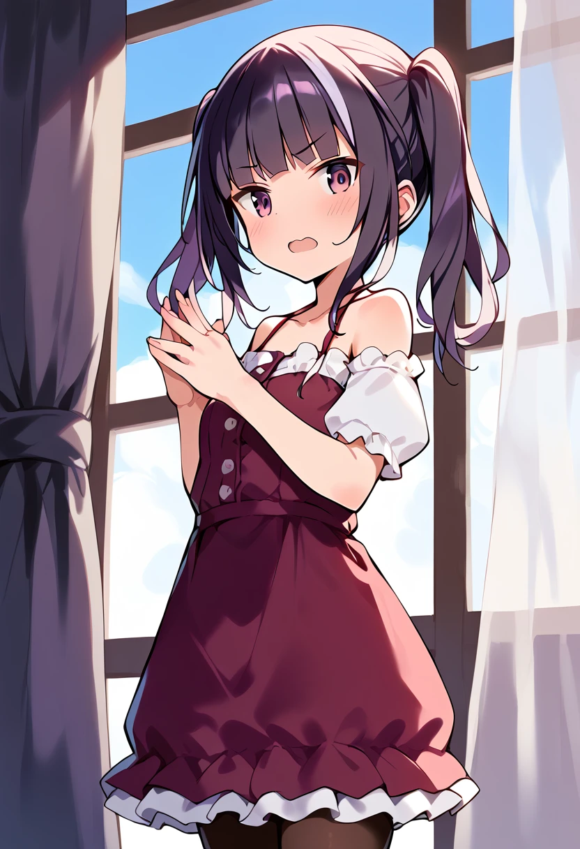 score_9, score_8_up, score_7_up, source_anime BREAK
ichijou ayaka, pink spinel, 1girl, solo, purple hair, twintails, purple eyes, open mouth, blush, looking at viewer, window, bare shoulders, indoors, off shoulder, frills, blue sky, long hair, cloud, own hands together, frilled dress, day, sidelocks, blunt bangs, purple dress, brown legwear, black legwear, standing, diagonal bangs, off-shoulder shirt, cowboy shot, red dress, collarbone, puffy short sleeves, small breasts, sleeveless dress, off-shoulder dress, detached sleeves, cloudy sky, :o, eyebrows visible through hair, shiny hair, v-shaped eyebrows, frilled sleeves, shiny, looking to the side, spaghetti strap, short dress, frilled skirt, medium hair, embarrassed, streaked hair, surprised, curtains, purple skirt, white shirt, from side, peeking out, pink dress, casual, wavy mouth, halterneck, short twintails, open window, eyebrows behind hair, own hands clasped, light blush, wall, frilled shirt, outdoors, white sleeves, brown pantyhose, black pantyhose, buttons
<lora:ichijou_ayaka_sdxl_pony_locon_v1:0.8>