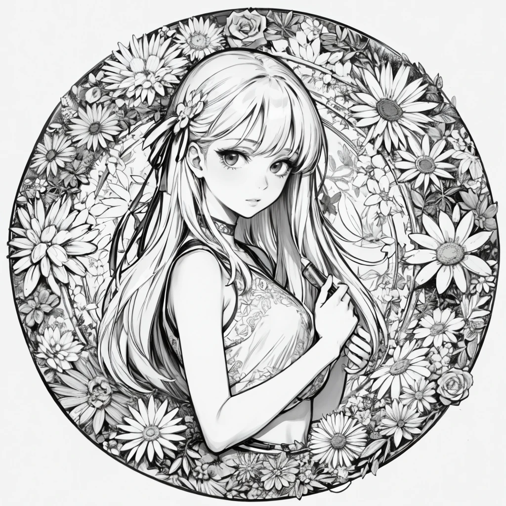 1girl, monochrome, lineart, long hair, abstract, flowers , leaf, whitework