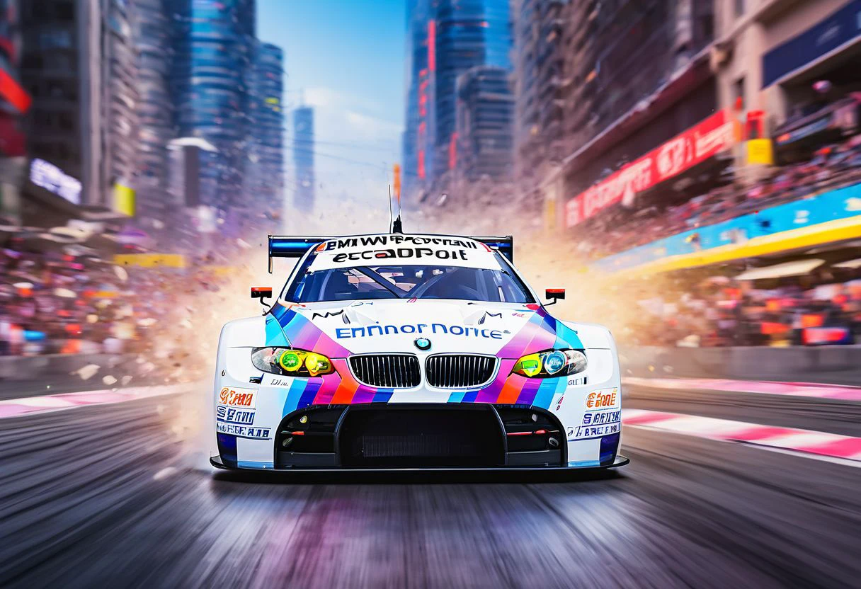 An epic digital print background featuring the bmw m3 gt e92 grand touring car tearing through the neon-lit streets of a cyberpunk cityscape at night. The sleek and aerodynamic LMP2 car dominates the scene, its cutting-edge design illuminated by the vibrant glow of neon signs and holographic advertisements that flicker and dance in the darkness. With towering skyscrapers soaring into the sky and cascading waterfalls of light cascading down their facades, the cyberpunk city creates a breathtaking backdrop for the adrenaline-fueled action of the LMP2 racing machine. This dynamic composition captures the essence of high-speed excitement and futuristic urban aesthetics, making it the ultimate digital print background for any fan of racing and cyberpunk aesthetics.