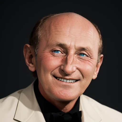 1boy, man, solo,( bourvil:1.2), looking at the viewer, focus on face, portrait, old, bald, smiling, teeth, simple background, formal, <lora:Bourvil:1>