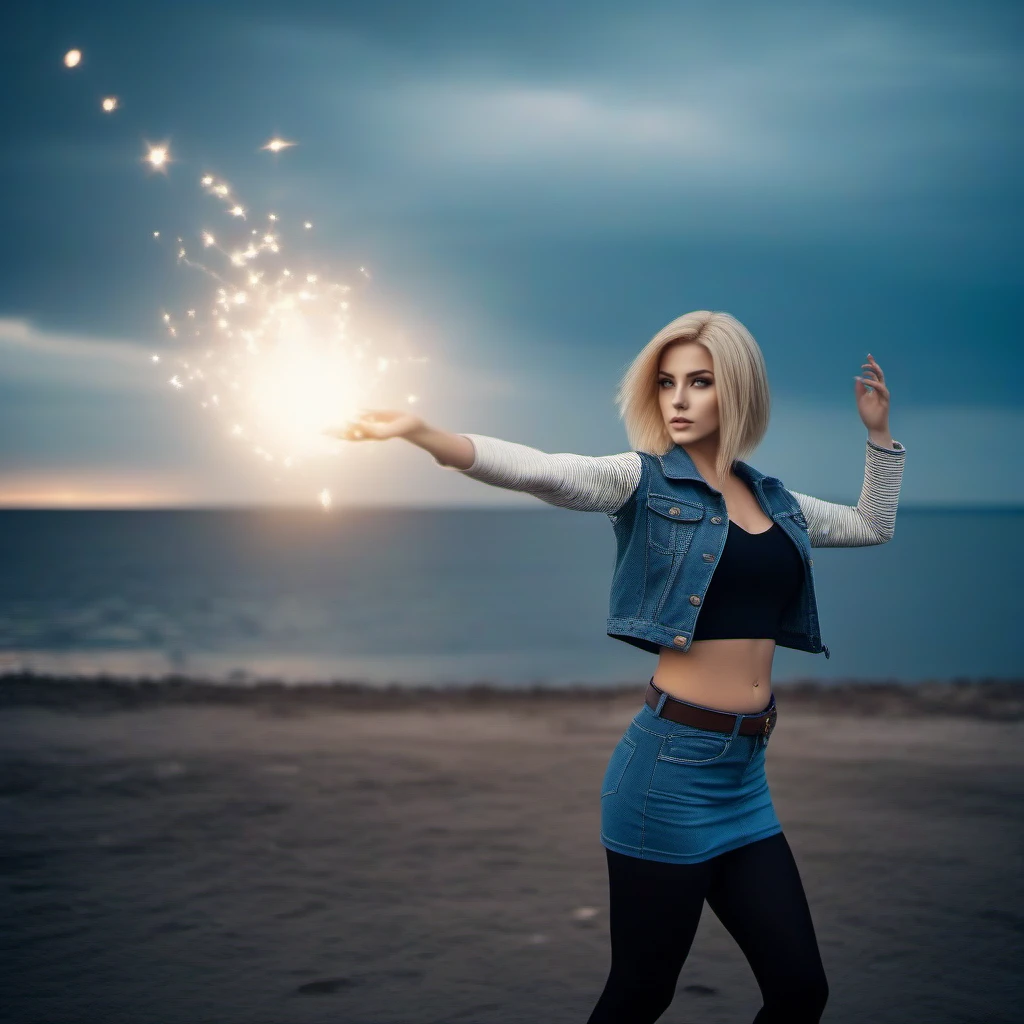 cinematic photo a platinum woman, beach, jean jacket, black tights, jeans miniskirt, brown boots, casting a dramatic spell from her hand <lora:Android18-1024:0.8> . 35mm photograph, film, bokeh, professional, 4k, highly detailed