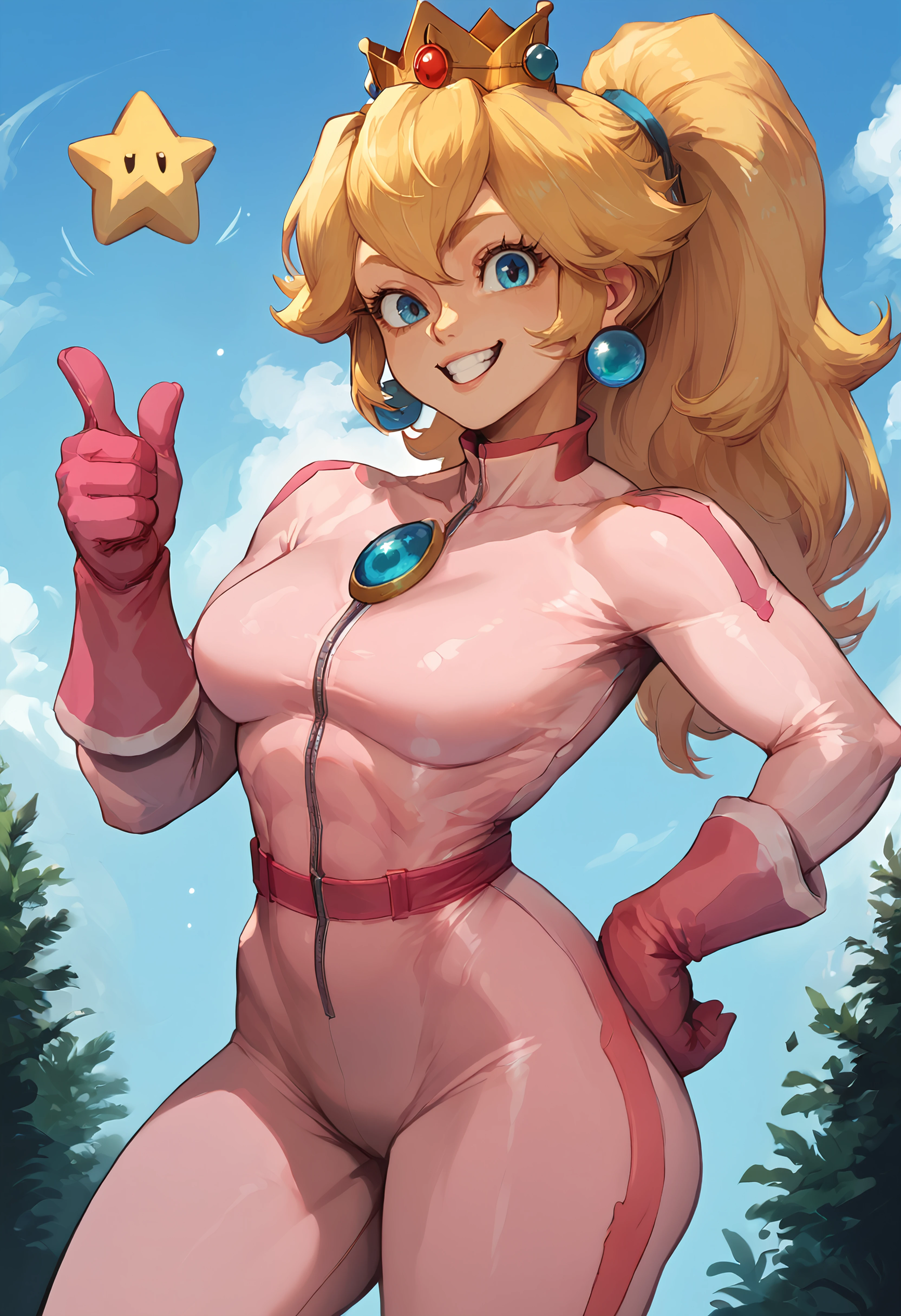score_9, score_8_up, score_7_up, score_6_up BREAK solo,IncrsPchBiker, long hair, ponytail, biker clothes, bikesuit, pink bodysuit, pink gloves, skin tight, crown, jewelry, earrings,happy,looking at viewer,hand on hip,thumbs up,stars <lora:PrincessPeach_XLPD:1>