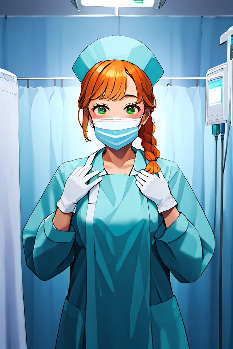 (RAW photo, best quality), (1girl), operating room, overhead surgical light,blurred background, focused,
 <lora:Fumiko_Miyashita_3D21_V1.0:0.8> fumiko miyashita, 3dcg_21,orange_hair,green_eyes,twin_braids,hair_on_shoulders, 
 <lora:nurse_gown_V1.0:0.8> nrs_gown, gloves, long sleeves, nurse cap, nurse, surgical mask, 
 <lora:Surgeon_HandsUP_V1.0:0.2> hands_up_surgeon, looking at viewer, surgical mask, gloves, hands up,