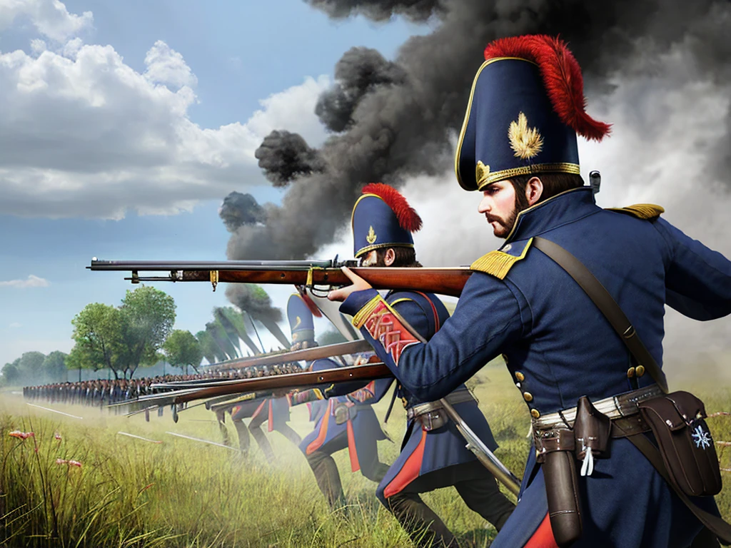 concept art of a napoleonic era soldier aiming a musket with, good quality, digital art, on a battlefield, smoke, soldiers in background