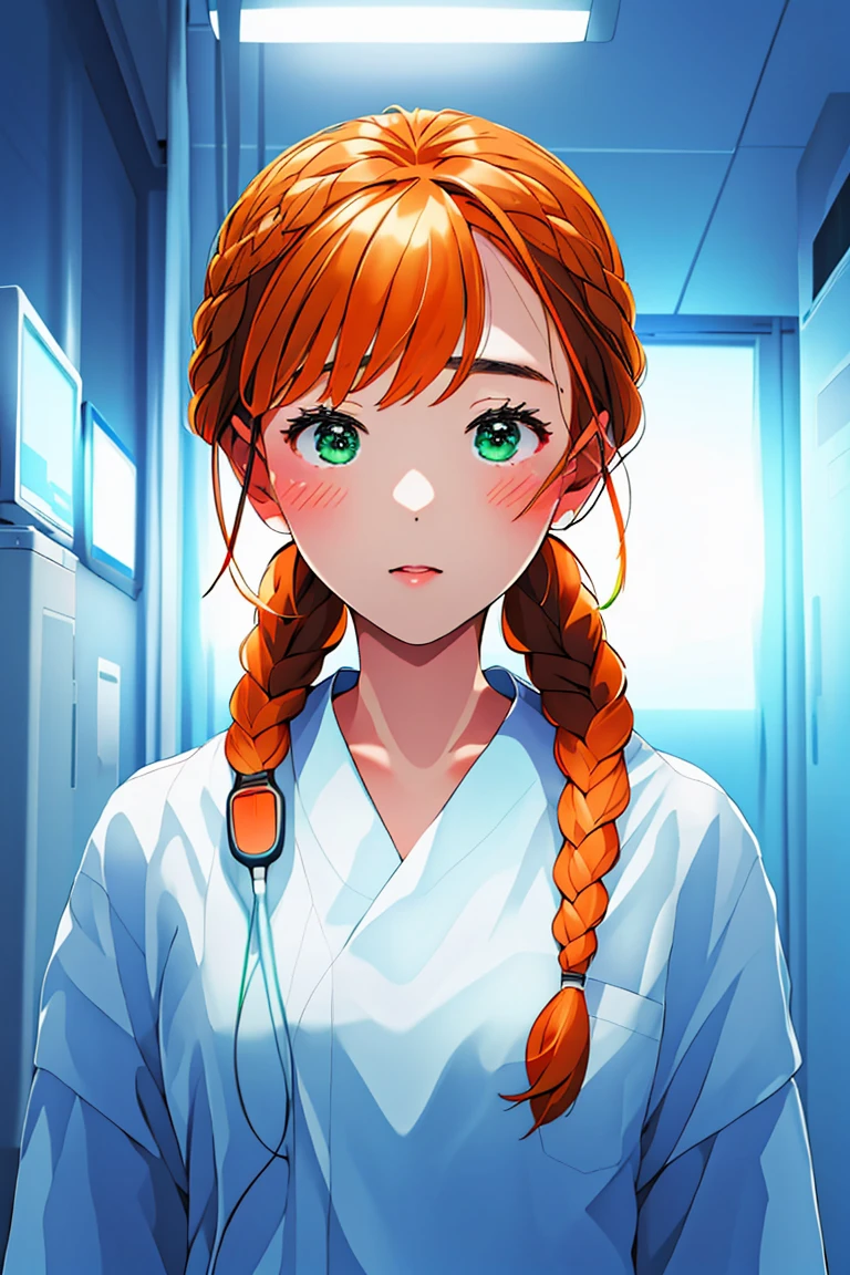 (RAW photo, best quality), (1girl), operating room, overhead surgical light,blurred background, focused,
  <lora:Fumiko_Miyashita_3D21_V1.0-000006:1> fumiko miyashita, 3dcg_21,orange_hair,green_eyes,twin_braids,hair_on_shoulders,