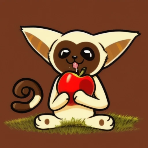 apple, pokemon (creature), closed mouth, :3, tongue out, full body, drooling, brown background, grass, hug, sitting, lemur