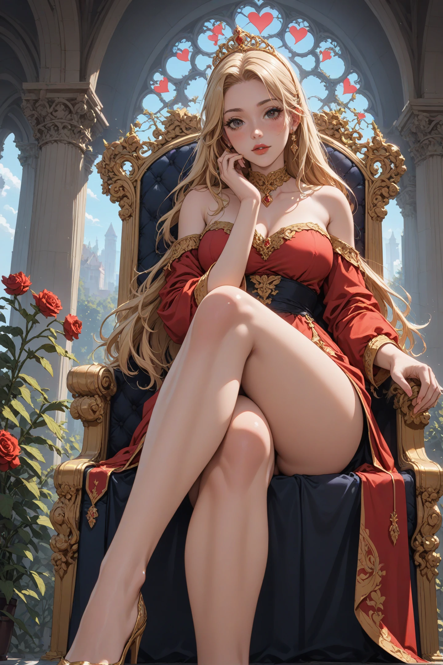 score_9, score_8_up, score_7_up, 1 girl, blonde hair, long hair, seducing viewer, hearts,posing, suggestive pose, sitting on throne, solo, hearts, red royal dress, off shoulder, roses, legs up, from below, air of superiority, crossed legs, golden tiara, flowers, plants  <lora:sdxl\Concept Art Ultimatum Style LoRA_Pony XL v6:0.8> <lora:sdxl\Expressive_H-000001:0.8>, expressiveH <lora:sdxl\sinfully_stylish_SDXL>