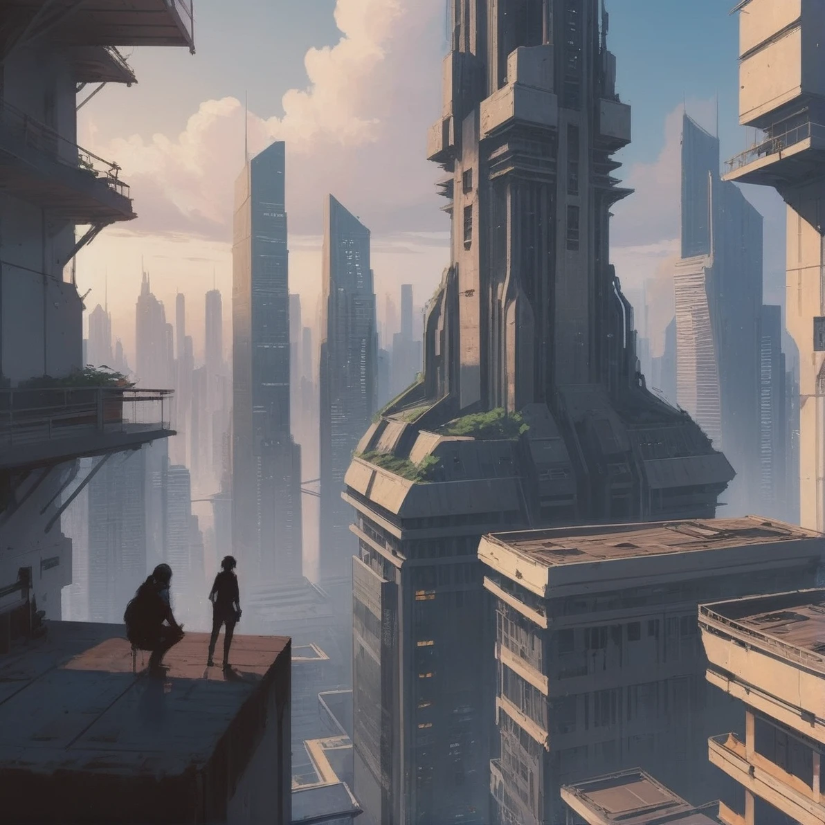 anime style digital painting, skyscraper rooftop in a dystopian fantasy sprawling arcology edge of reality, masterpiece<lora:EnvyStarlightDigitalPainting01:1>