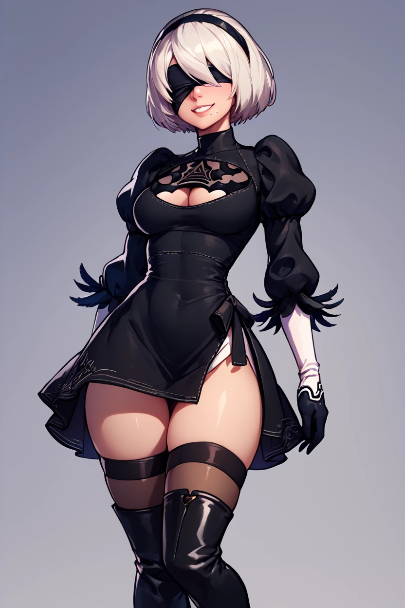 yorha no. 2 type b, mash kyrielight, 1girl, solo, breasts, looking at viewer, short hair, open mouth, large breasts, simple background, thighhighs, long sleeves, cleavage, purple eyes, full body, pink hair, hairband, boots, puffy sleeves, black footwear, hair over one eye, high heels, leotard, hand on hip, cosplay, clothing cutout, thigh boots, highleg, cleavage cutout, black hairband, juliet sleeves, light purple hair, highleg leotard
