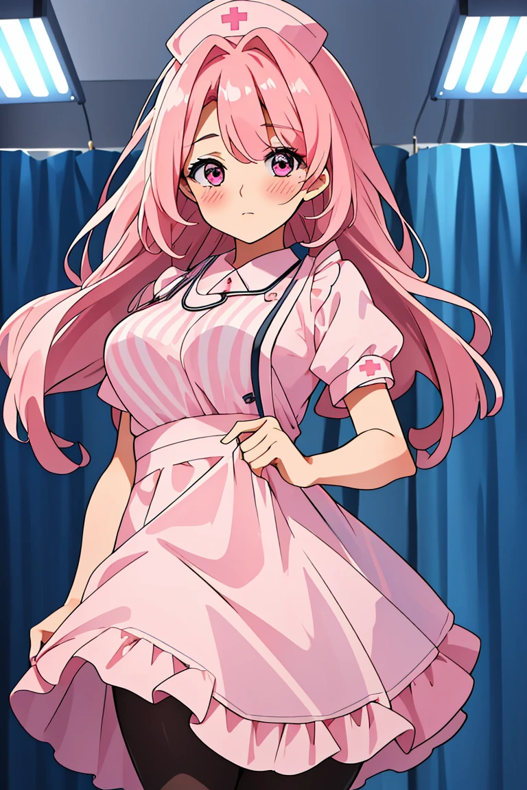 (RAW photo, best quality), (1girl), operating room, overhead surgical light,blurred background, focused,
 <lora:Akiko_Hominitsu_3D18_V1.0:0.8> akiko hoministu, 3dcg_18,pink_hair,pink_eyes,long_hair, 
 <lora:Classic Nurse Old V2:0.8> (nurse_old_style_01, apron, nurse cap, short sleeves, striped dress, puffy sleeves, vertical stripes, nurse, white apron, puffy short sleeves, pantyhose),