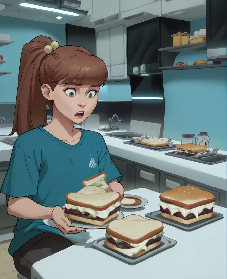 score_9,score_8_up,score_7_up,score_6_up,
amandaxl,ponytail,brown hair,bangs,hair bobbles,green eyes,
blue shirt,dinner,giant sandwich,surprise,
base,science fiction,kitchen,counter,
<lora:MonsterGirlA:0.9>,