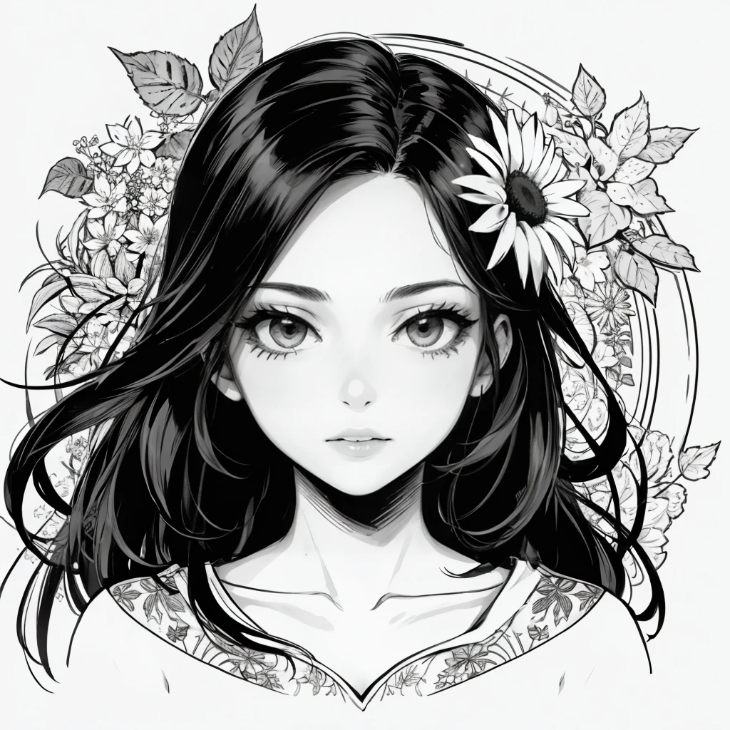 1girl, monochrome, lineart, long hair, abstract, flowers , leaf, whitework