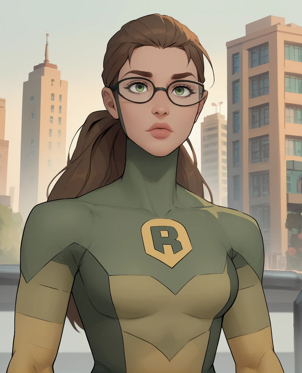 score_9,score_8_up,score_7_up,score_6_up,score_5_up,score_4_up,
shrinkingraexl,ponytail,brown hair,green eyes,
green bodysuit,glasses,green bodysuit,
standing,upper body,R, 
city,morning,
(insanely detailed, beautiful detailed face, masterpiece, , best quality),<lora:shrinkingRae:0.8>,