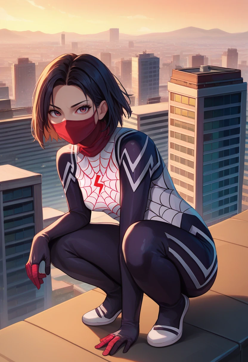 score_9, score_8_up, score_7_up, source_anime, solo, 1girl, cindymoon, squatting, looking at viewer, short hair, bodysuit, mouth mask, spider web print, outdoors, rooftop, cityscape <lora:silk_cindymoon_ponyXL:1>