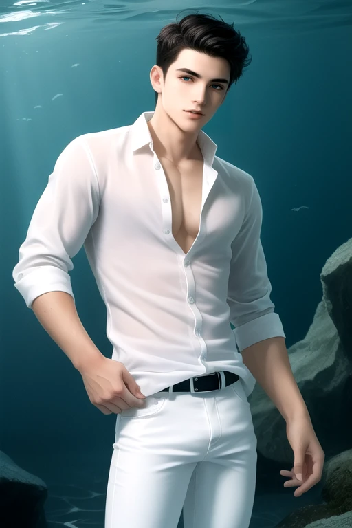 (((masterpiece))), (((best quality))), (extremely detailed), (best illustration), impasto, (((1boy))), cowboy shot, male focus, short hair, looking at viewer, male hair, ((beautiful detailed eyes)), (((white shirt))), (((black pants))), (blue eyes:0.4), ((black hair)), standing, stand in the water, (perfect face), (delicate facial features), ((slender body)), (long legs), ((white glowing skin)), wet, flush, detailed skin and body, toned male, rich background, sea, water