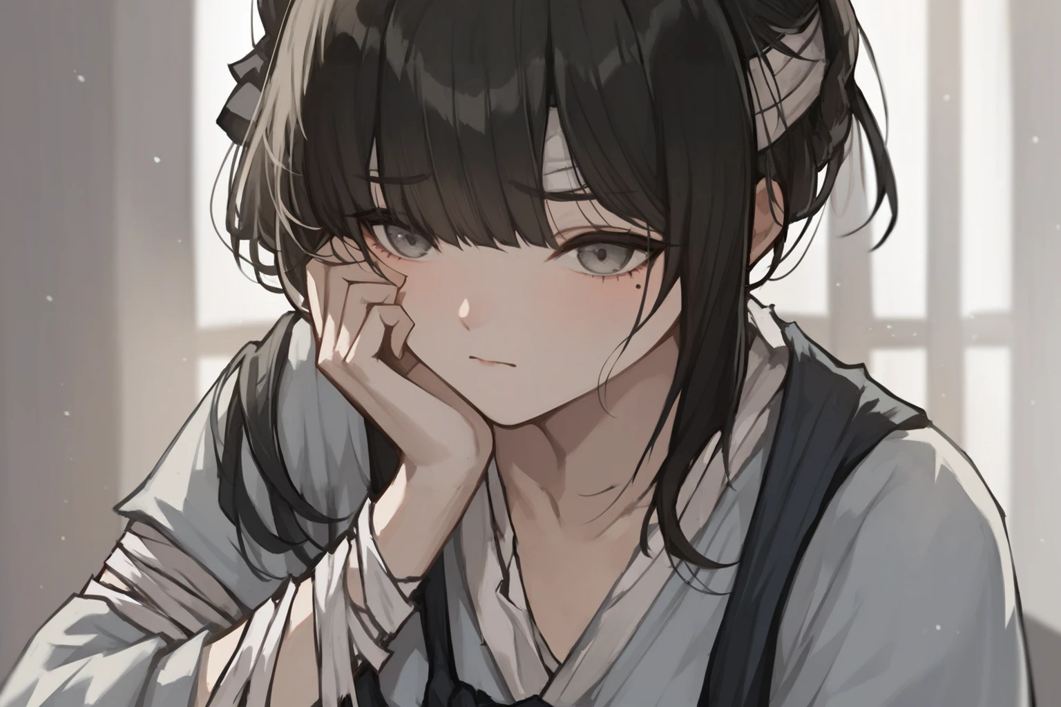 Sexy woman, black hair in a neat bun, amazing makeup, closed eyes, open mouth, blushing very hard, smiling, sweating, looking up, moaning, pleasure