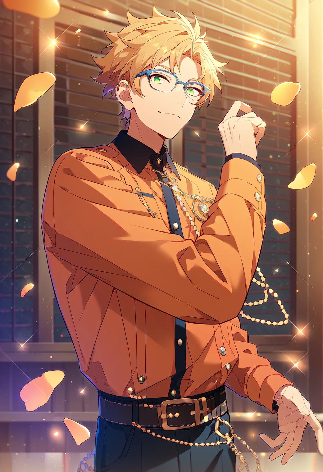 score_9, score_8_up, score_7_up, score_6_up, score_5_up, score_4_up, best quality, amazing quality, best aesthetic, absurdres, solo,makoto yuuki, blonde hair, green eyes, glasses, orange jacket, black pants, belt<lora:EMS-357109-EMS:1.000000>