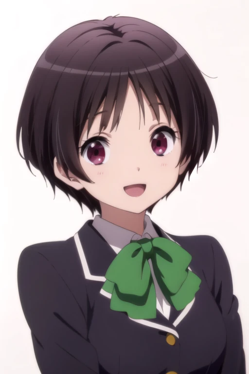 solo, 1girl, looking at viewer, 2D, anime, anime coloring, upper body, (simple background, solid white background:1.3), <lora:kumin-chu2byo:0.8>, kumin tsuyuri, blazer, school uniform, smile, :d