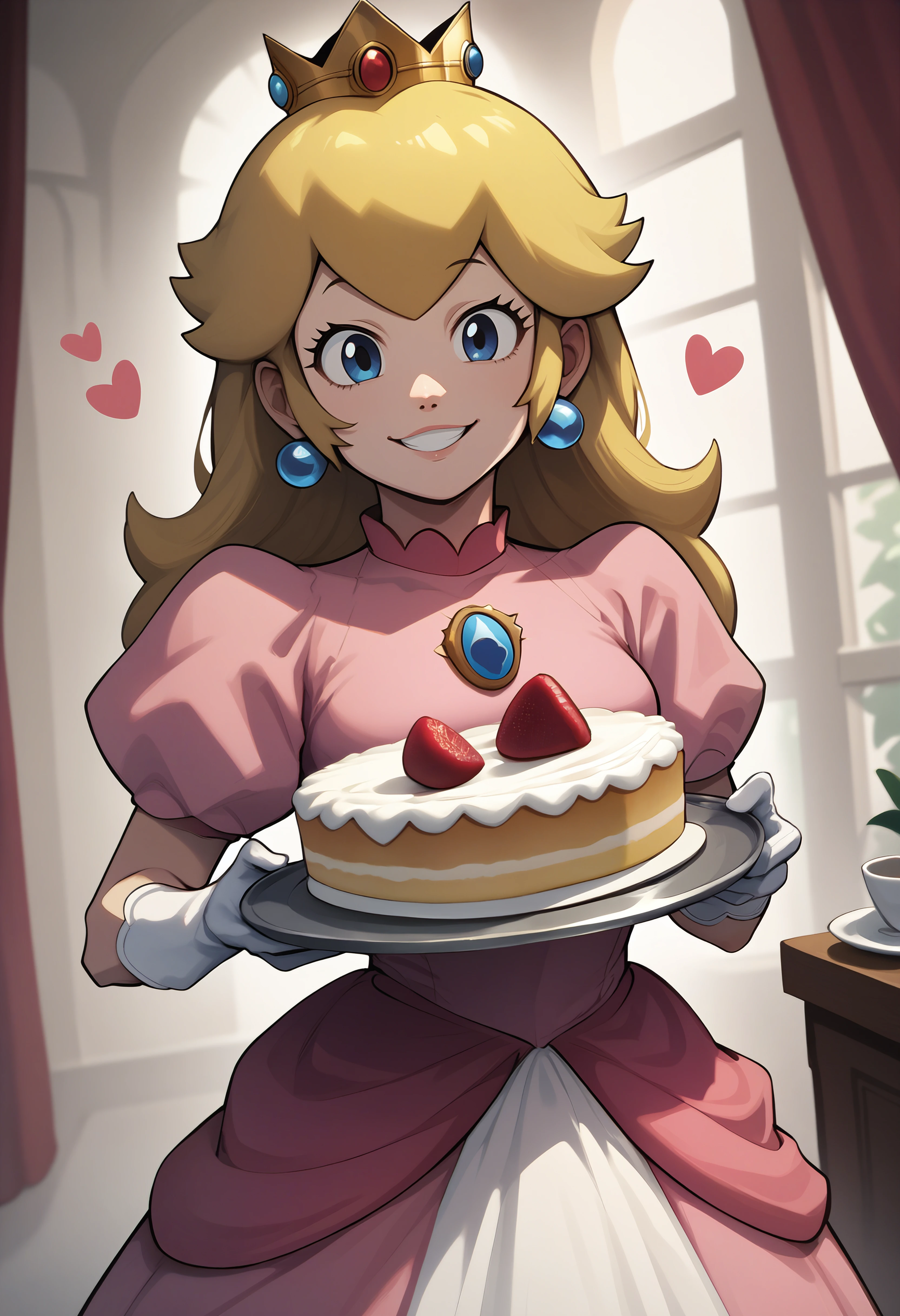 score_9, score_8_up, score_7_up, score_6_up BREAK source_anime,princess peach,solo,happy,slight smile,serving tray,cake,offering to viewer,hearts,white gloves <lora:PrincessPeach_XLPD:1>