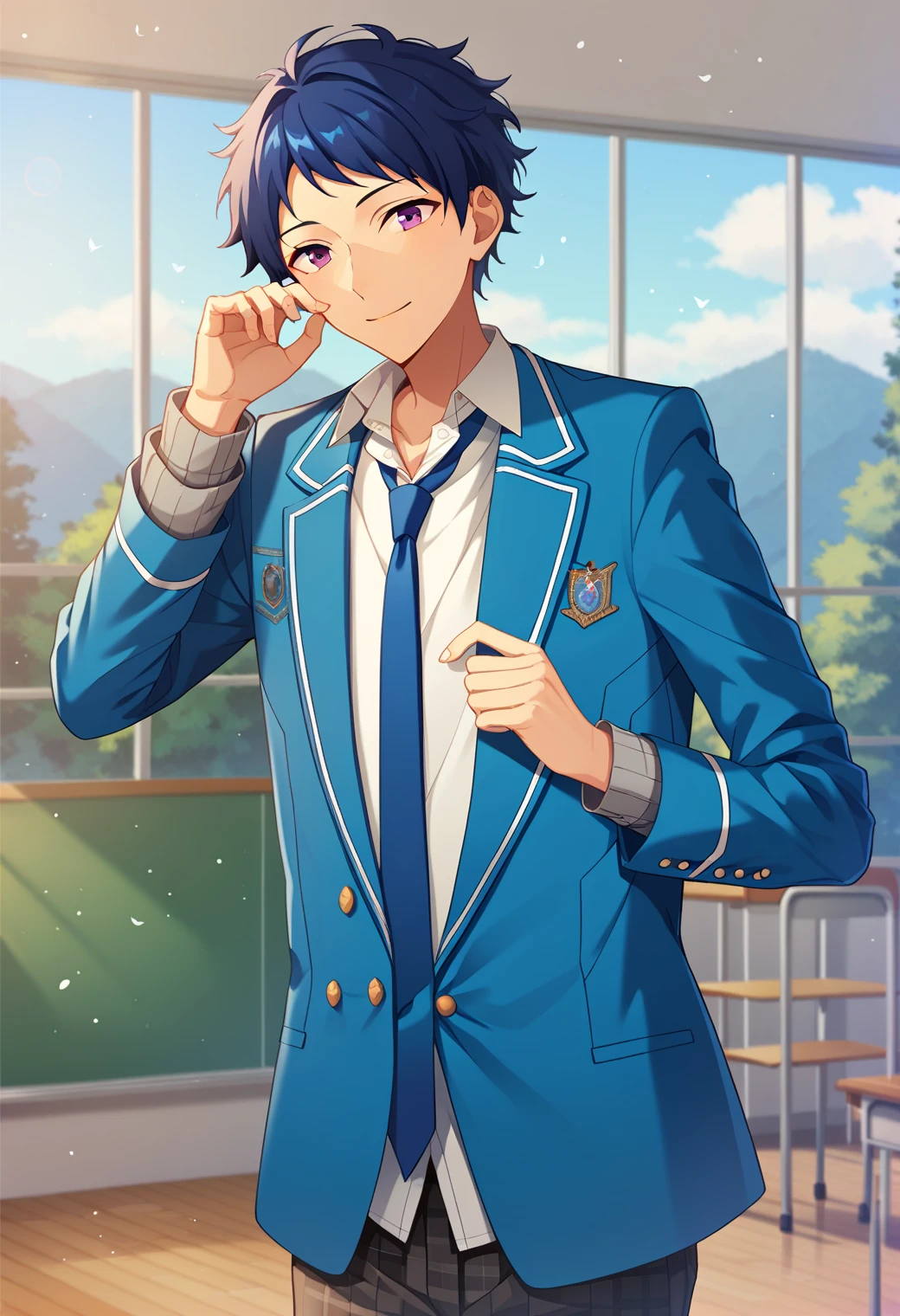 score_9_up, score_8_up, score_7_up, score_6_up, score_5_up, score_4_up, best quality, amazing quality, best aesthetic, absurdres, cute, solo,yuzuru fushimi, blue hair, purple eyes, school uniform, PLAID PANTS, blue necktie, blue jacket, white shirt<lora:EMS-358785-EMS:1.000000>