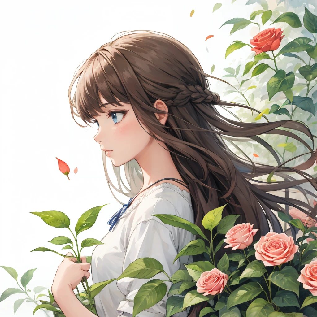 1girl, watercolor style, long hair, abstract, flowers , leaf, whitework