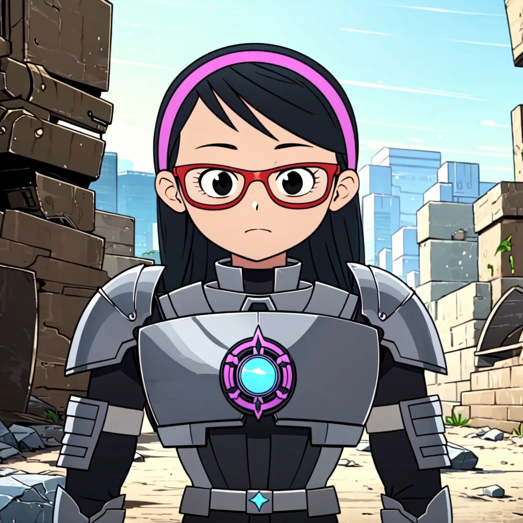 1girl, solo, Jeniffer, long hair,  black hair,  hairband, glasses, black eyes, armor, shoulder armor,<lora:Jeniffer_SuperNoob_Leaf3:0.8>,  looking at viewer,  cowboy shot,