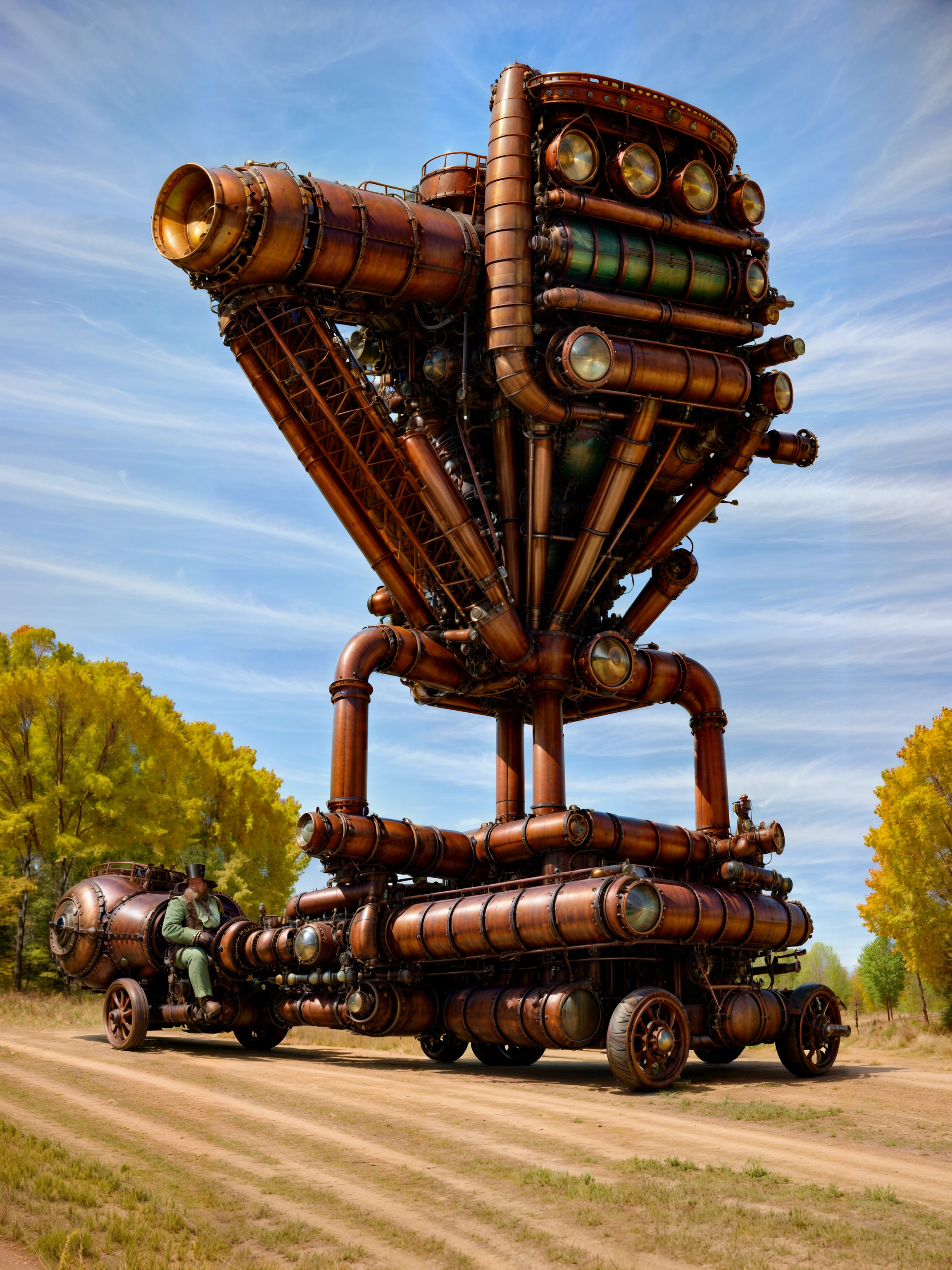 steampunk character riding a victorian vehicle, massive mechanical device, industrial area, sunny day, purple trees