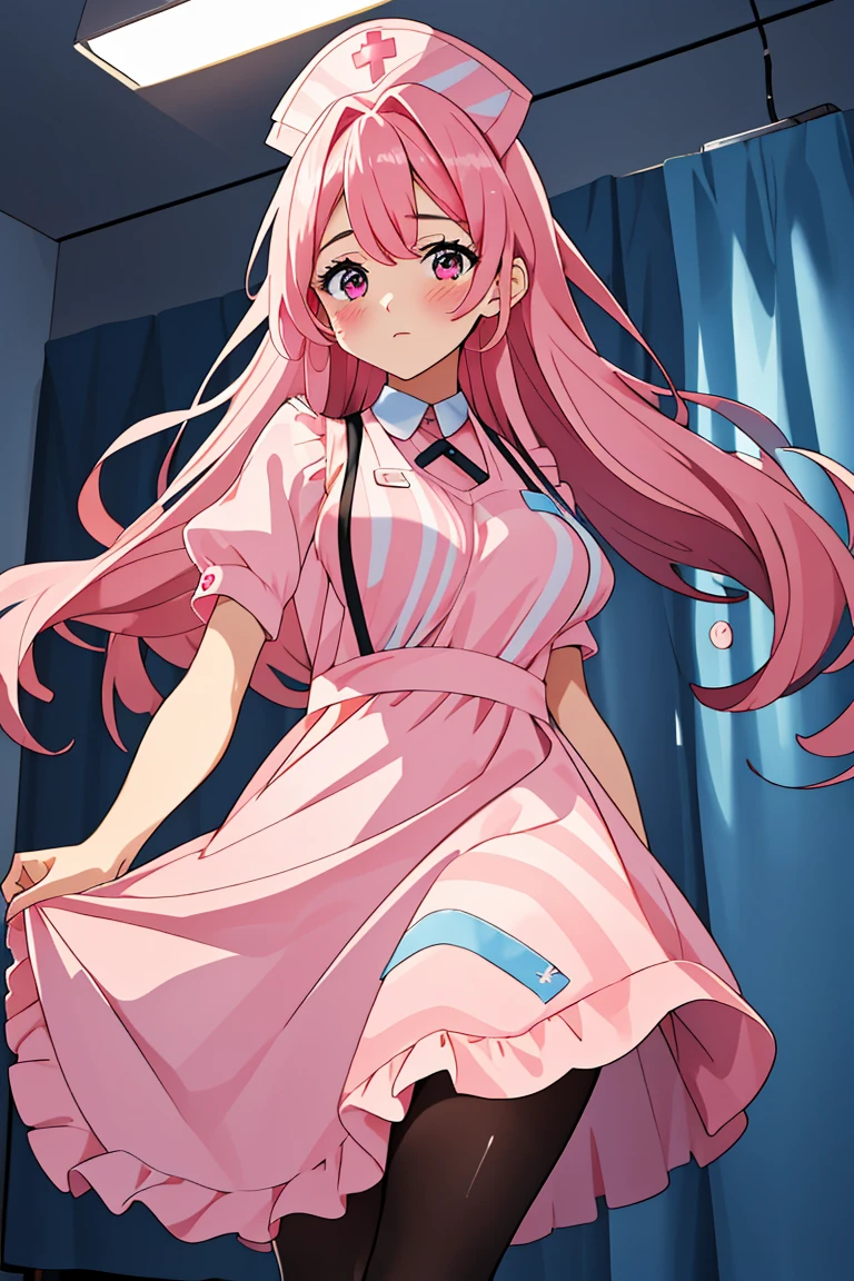 (RAW photo, best quality), (1girl), operating room, overhead surgical light,blurred background, focused,
 <lora:Akiko_Hominitsu_3D18_V1.0:0.8> akiko hoministu, 3dcg_18,pink_hair,pink_eyes,long_hair, 
 <lora:Classic Nurse Old V2:0.8> (nurse_old_style_01, apron, nurse cap, short sleeves, striped dress, puffy sleeves, vertical stripes, nurse, white apron, puffy short sleeves, pantyhose),