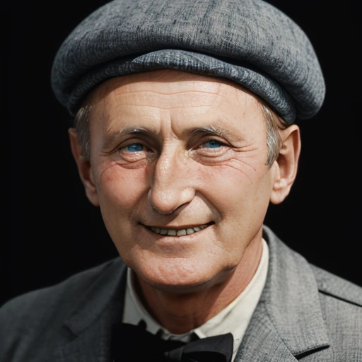 1boy, man, solo,( bourvil:1.2), looking at the viewer, focus on face, portrait, old, bald, smiling, teeth, simple background, formal,( beret:1.2),<lora:Bourvil:1>