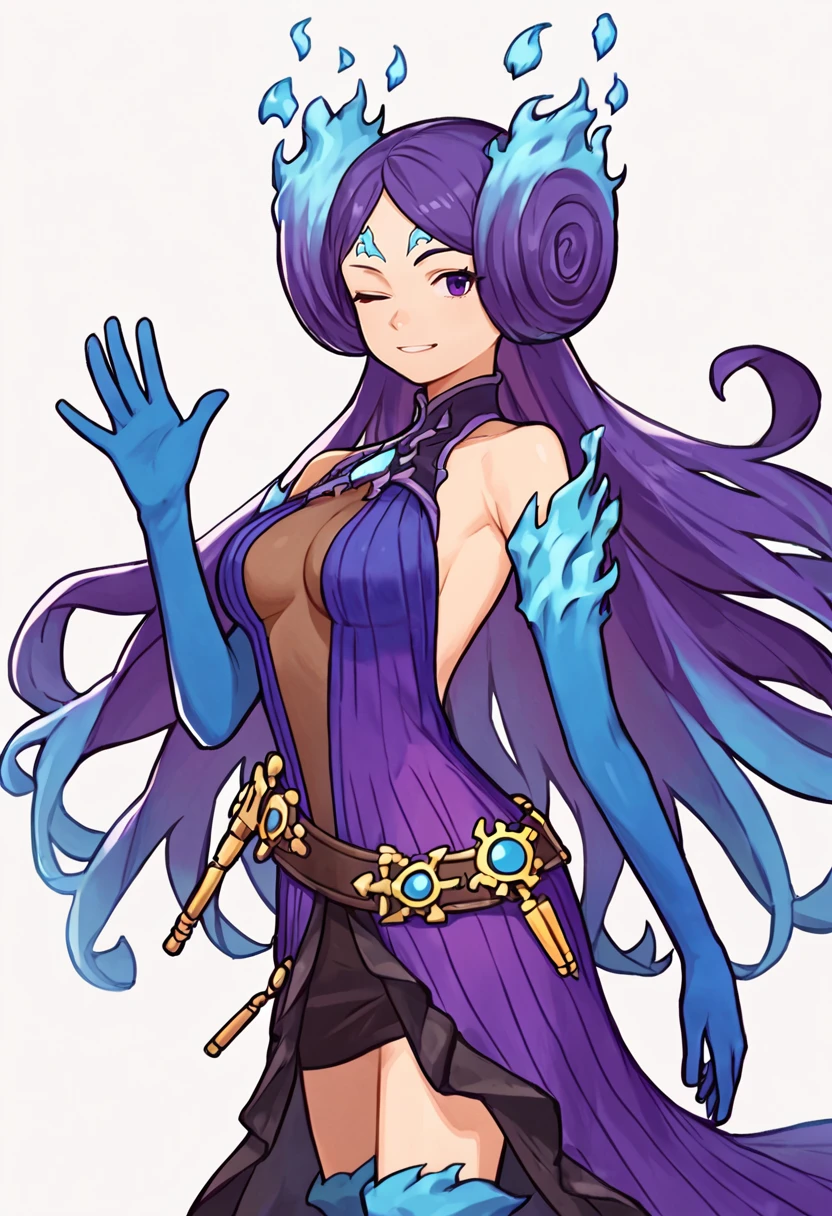 score_9, score_8_up, score_7_up, source_anime, simple background, white background, solo, 1girl, brighid, slight smile, looking at viewer, standing, waving, fiery hair, blue fire, purple eyes, one eye closed, purple dress, center opening, belt, blue gloves, elbow gloves, blue thighhighs, bare shoulders, cleavage, outdoors <lora:xenoblade2_brighid_ponyXL:1>