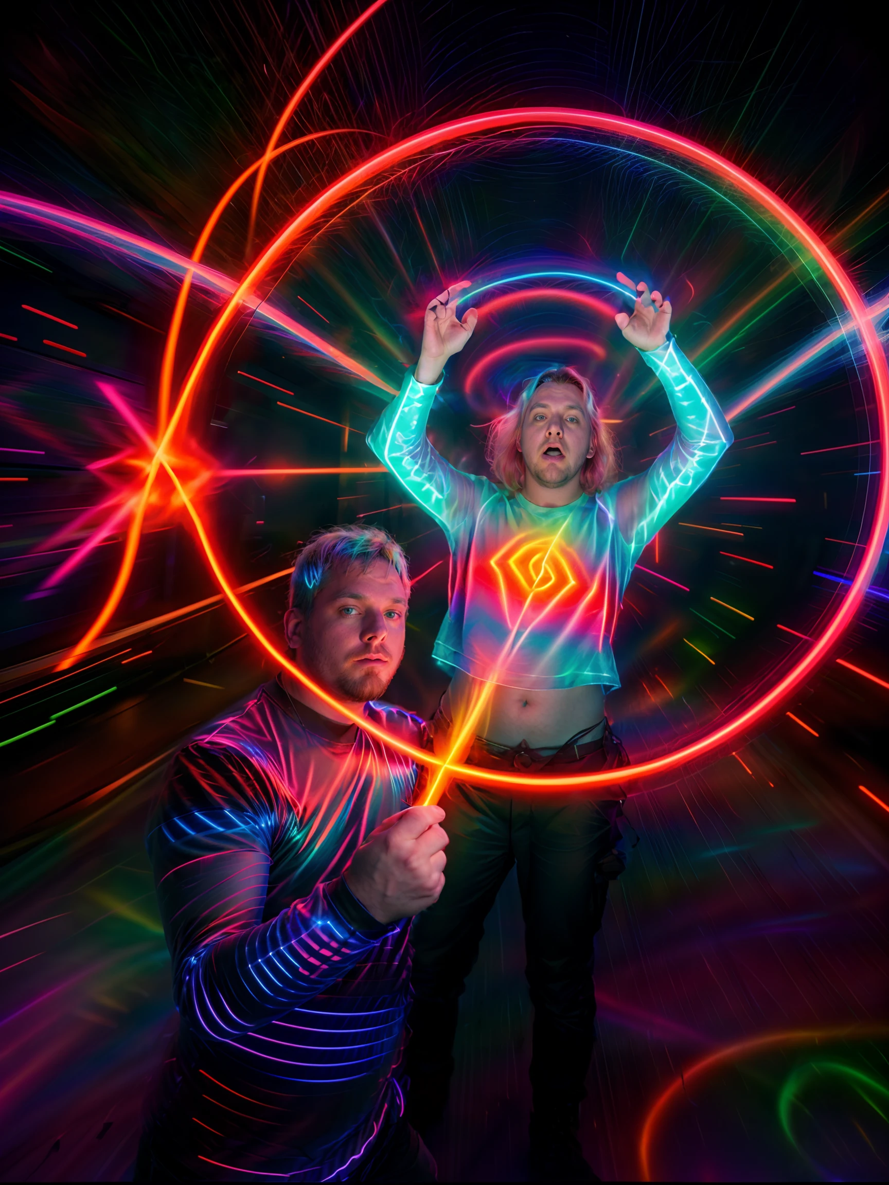 abstract composition, action scene, esoteric hand gestures, holographic red light painting, slow shutter speed, long exposure, prismatic bioluminescence