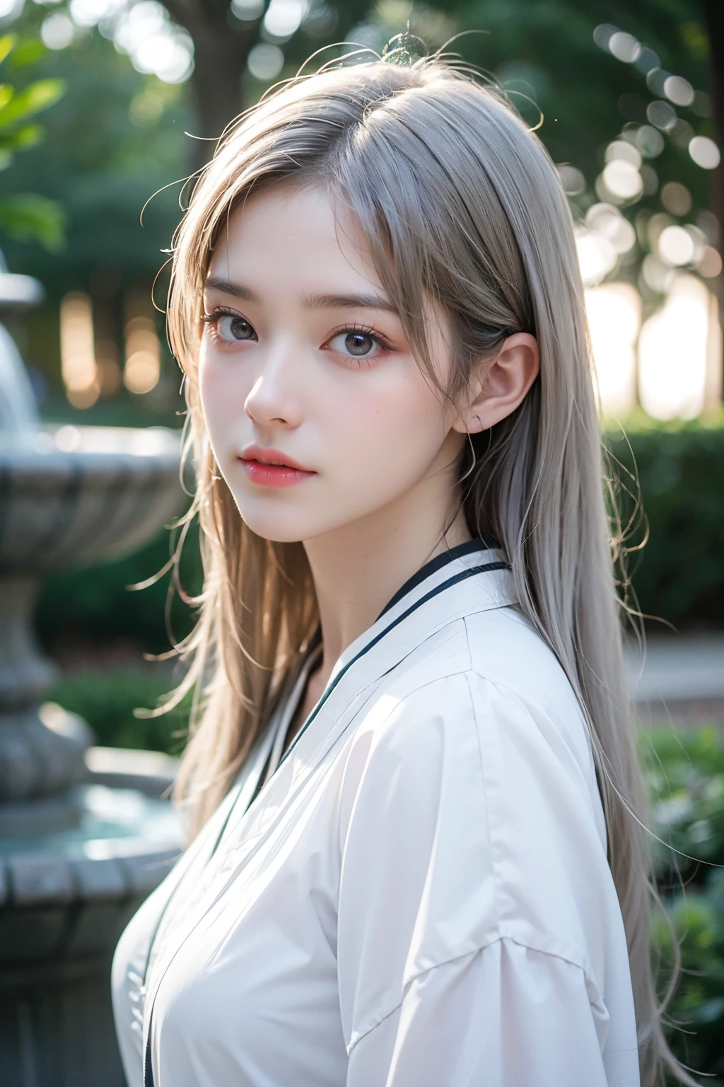 (face lighting:0.8),bright backlight,medium breasts,super high resolution,best quality,Photos,4k,(Realistic:1.2),super high resolution,best quality,Photos,4k,(Realistic:1.2),1girl,fountain,white hair,hanfu,long hair,