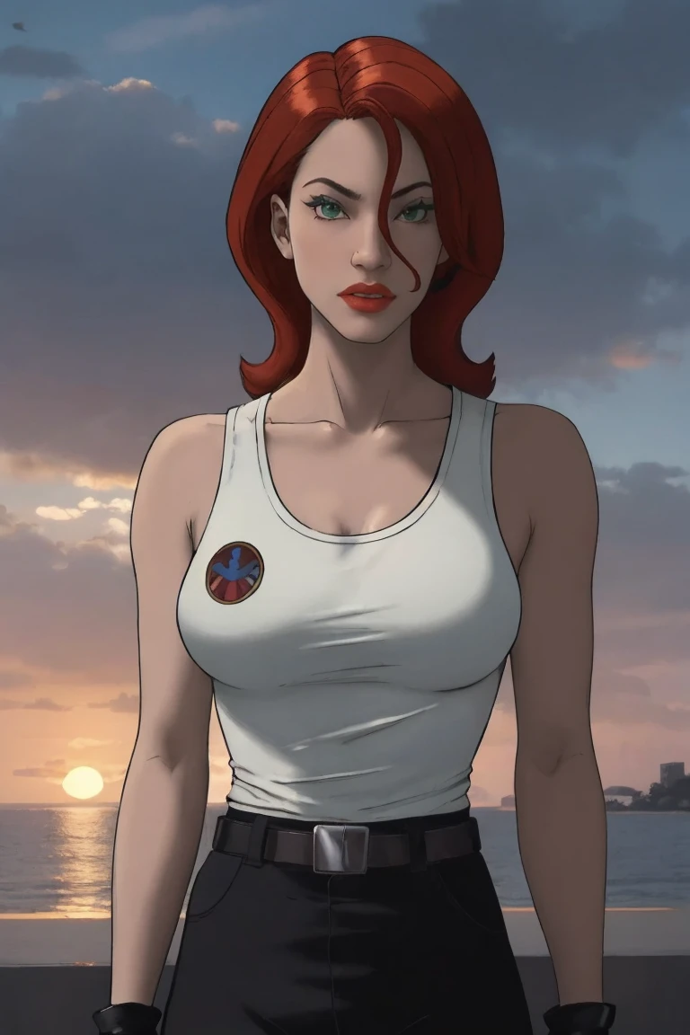 masterpiece, best quality, high quality, highres,  upper body, looking at viewer, twilight,  sunset, 
MARVEL_BlackWidow_whitetop, www.ownwaifu.com, 
1girl, red hair, breasts, green eyes, lipstick, makeup,  jewelry,  large breasts, red lips, lips,  long hair, collarbone, eyeshadow, hair between eyes, 
fingerless gloves, gloves, pants, tank top, white tank top, bare shoulders, belt, 
<lora:CARTOON_MARVEL_BlackWidow_UA_ownwaifu-15:0.7>