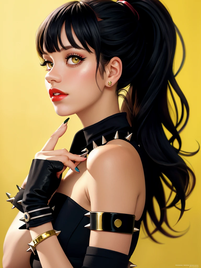 Realistic photo of a beautiful l1ly4 woman,1girl, solo, long hair, looking at viewer, bangs, simple background, black hair, gloves, brown eyes, jewelry, upper body, ponytail, parted lips, teeth, black gloves, blunt bangs, fingerless gloves, nail polish, bracelet, from side, lips, fingernails, eyelashes, makeup, own hands together, high ponytail, lipstick, yellow background, spikes, realistic, nose, red lips, green nails, spiked bracelet, soft lighting, professional Photography, Photorealistic, detailed, RAW, analog, sharp focus, 8k, HD, DSLR, high quality, Fujifilm XT3, film grain, award winning, masterpiece<lora:l1ly4:1.0>