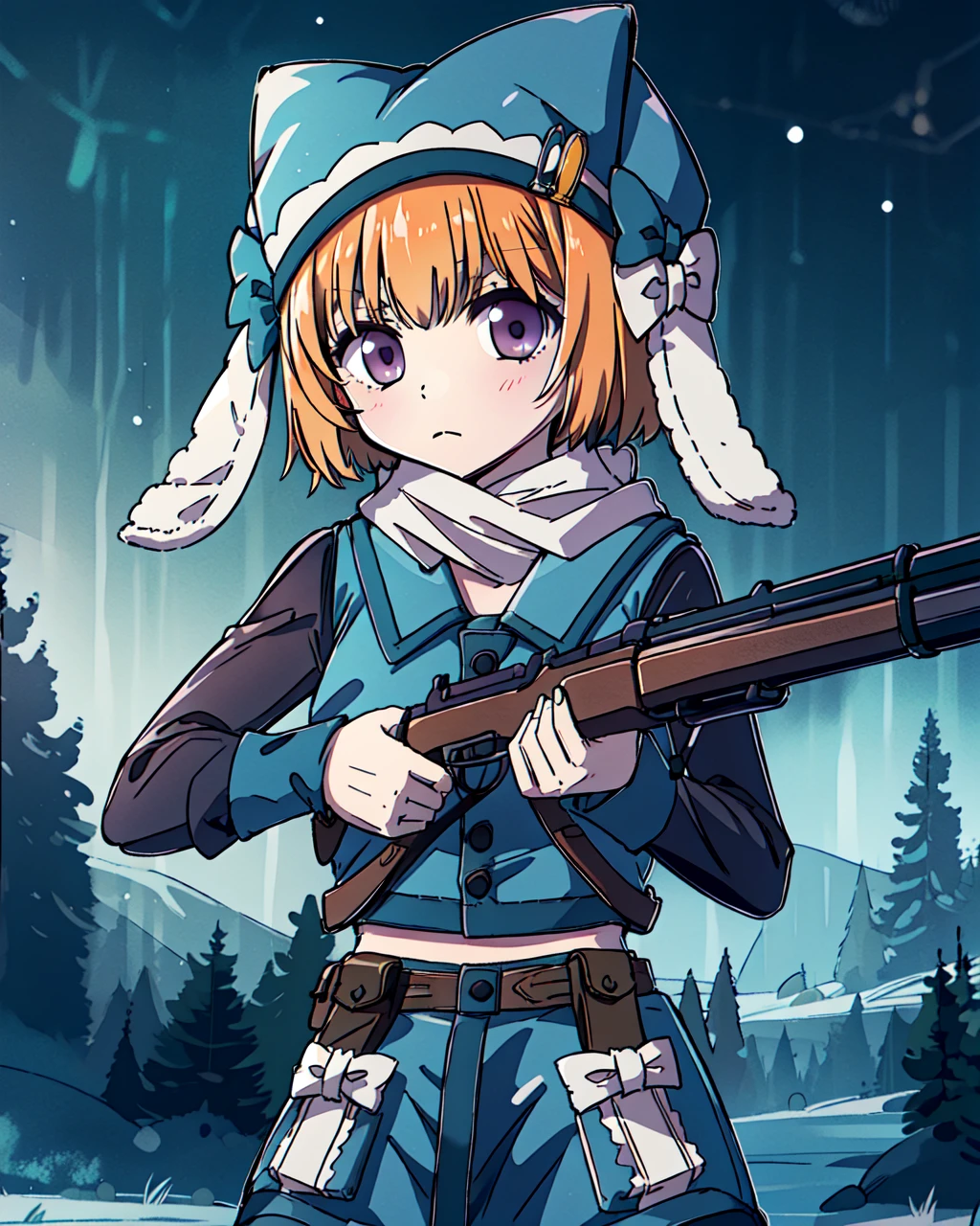 masterpiece, high quality, 1girl, mgrcmiuraasahi, upper body, medium shot, standing, looking at viewer, orange hair, purple eyes, blue with white hat with bows, golden badge on hat, white scarf, leather belts, blue with white buttoned vest, long black with blue sleeves, blue with white buttoned skirt, outdoors, forest, holding weapon, antique firearm, trigger discipline, <lora:mgrcmiuraasahi-05:0.85>,  <lora:leveractionrifle-AOM2:0.7>