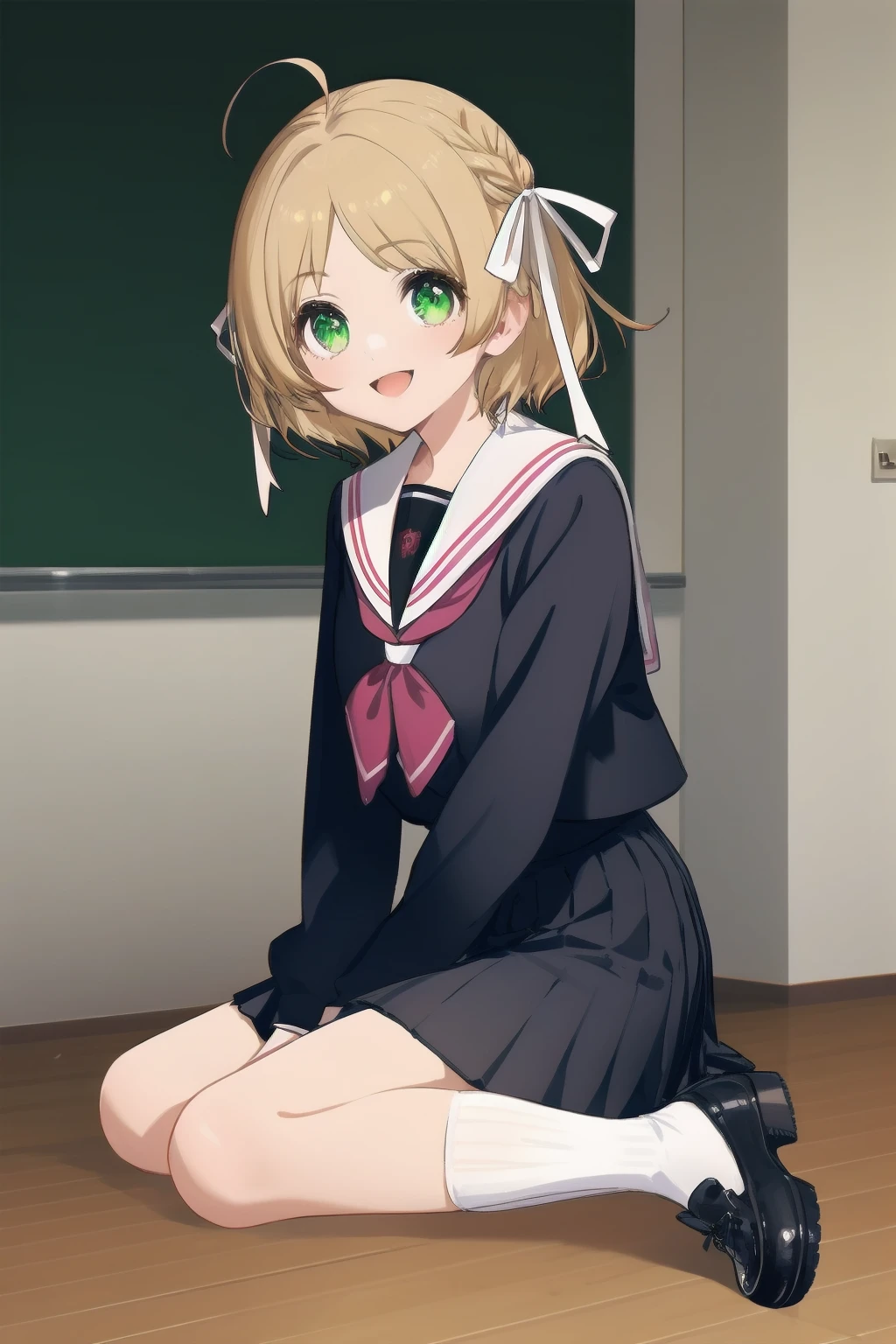 masterpiece, best quality,  <lora:miiko:0.8>1girl, solo,  green eyes, school uniform, pleated skirt, smile, white sailor collar, shoes, socks, hair ribbon, white socks, ahoge, blonde hair,short hair, neckerchief, bangs, braid