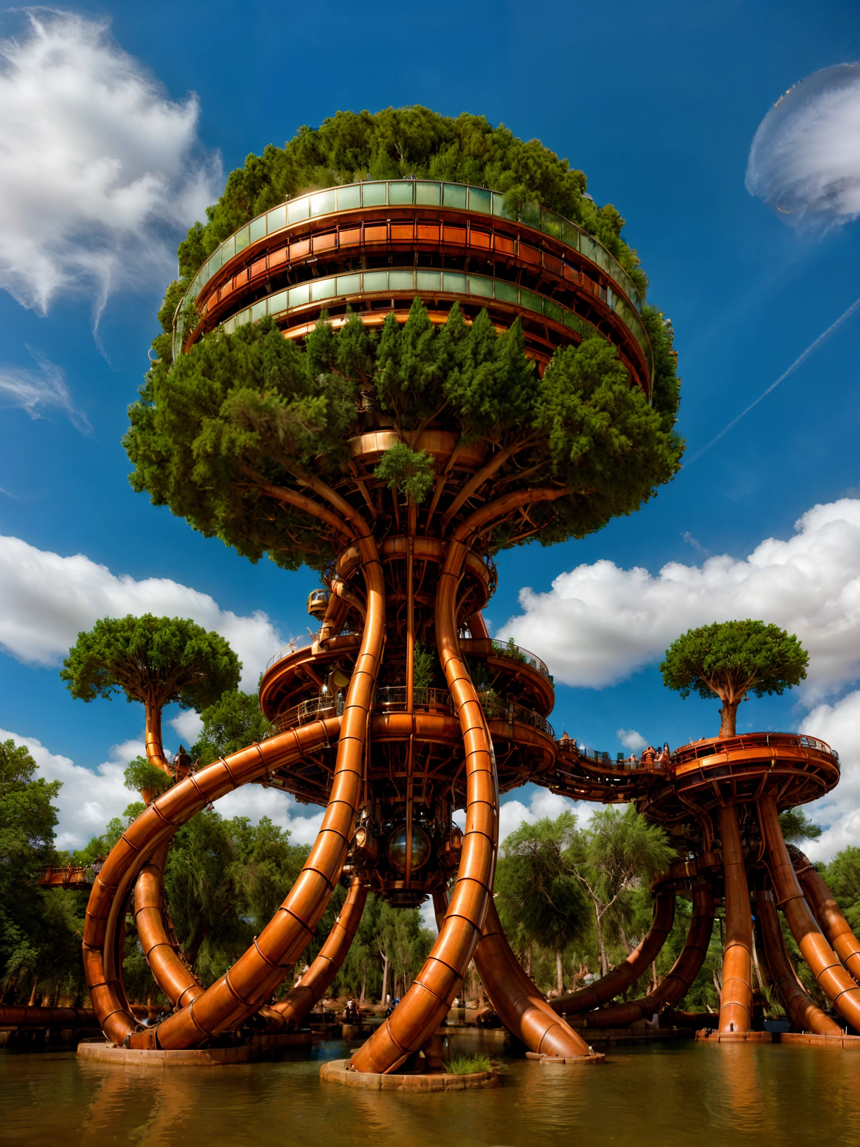 landscape photography,impossible architecture, absurd mechanical trees, surreal cityscape, cosmic steampunk