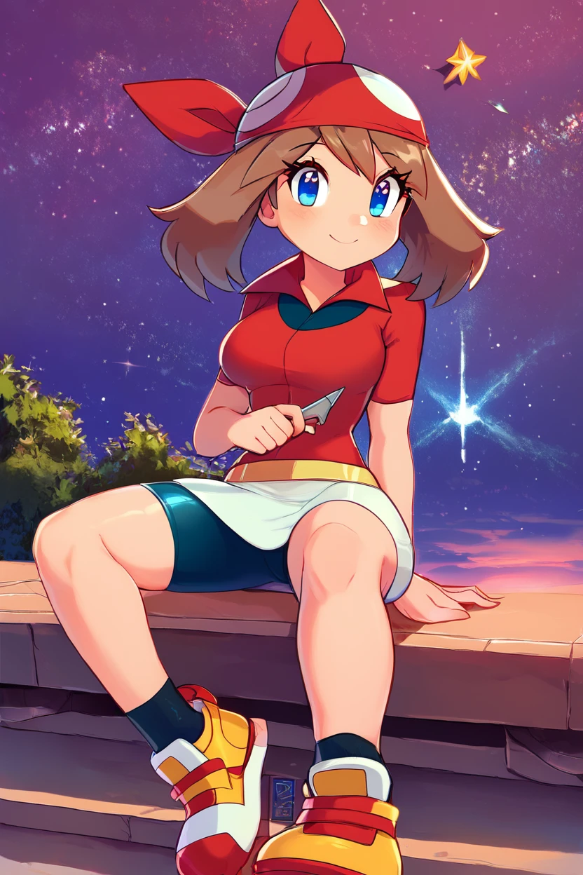 score_9, score_8_up, score_8, medium breasts, (curvy), cute, eyelashes,       zzMay, blush, smile, bangs, skirt, shirt, holding, sitting, closed mouth, short sleeves, outdoors, sky, shoes, shorts, socks, collared shirt, eyelashes, night, white skirt, bike shorts, black socks, red shirt, star (sky), starry sky, bandana, shooting star, red bandana, smile, looking at viewer,   <lora:MayP2:0.8>, <lora:CitronAnimeTreasure:0.8>,