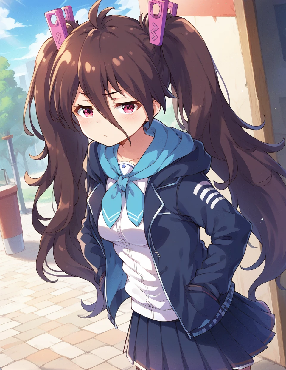 score_9,score_8_up,score_7_up,score_6_up,score_5_up,score_4_up,
1girl,<lora:batogaanko_pony:0.9>,batogaanko,long hair,twintails,brown hair,black hair,looking at viewer,hair ornament,hair between eyes,purple eyes,red eyes,blown eyes,hood,standing,
pleated skirt,outdoors,bored,jacket,dynamic angle,