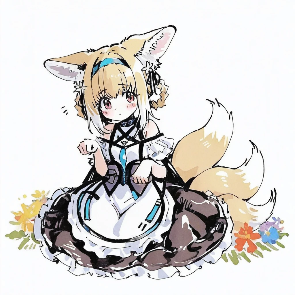 <lora:pen-drawing_A3.1_XL:1>,(pen_art_style,pen_drawing_style),(masterpiece),(best quality),1girl,solo,long hair,blush,blonde hair,hair ornament,dress,ribbon,animal ears,sitting,tail,flower,pantyhose,no shoes,hair flower,pink eyes,apron,animal ear fluff,maid,maid headdress,fox ears,fox tail,maid apron,white pantyhose,paw pose,suzuran \(arknights\),Suzuran,white background,