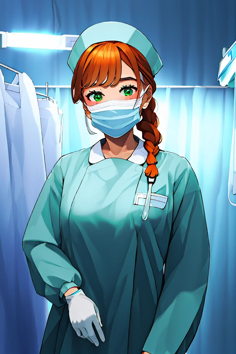 (RAW photo, best quality), (1girl), operating room, overhead surgical light,blurred background, focused,
 <lora:Fumiko_Miyashita_3D21_V1.0:0.8> fumiko miyashita, 3dcg_21,orange_hair,green_eyes,twin_braids,hair_on_shoulders, 
 <lora:nurse_gown_V1.0:0.8> nrs_gown, gloves, long sleeves, nurse cap, nurse, surgical mask, 
<lora:Surgeon_Gloving_V1.0:0.3> gloving_surgeon, solo, surgical mask, adjusting gloves, looking at viewer, long sleeves